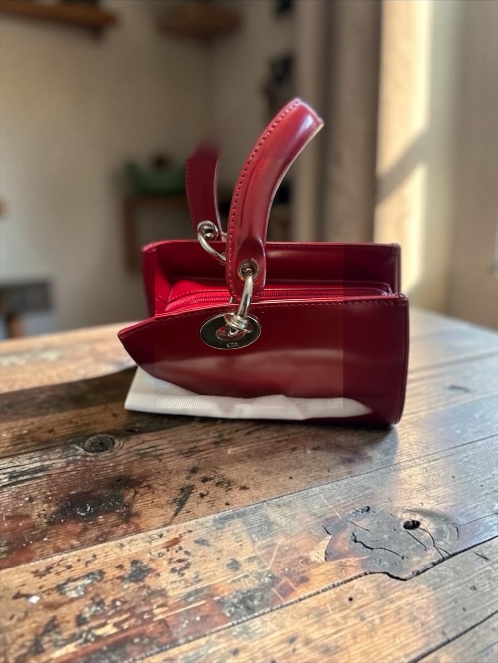 Christian Dior Red Polished Leather w Strap. Lady Dior. Dustbag - Picture 7 of 14